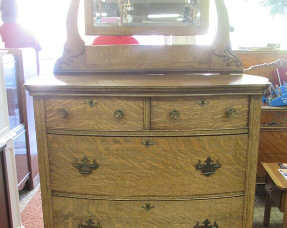 Tiger Oak Highboy Dresser with Mirror