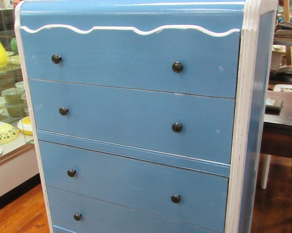 Art Deco Waterfall highboy dresser restyled blue and white