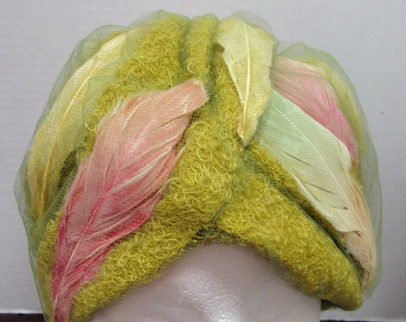 Christian Dior Pastel Feather Turban Hat 1960's
