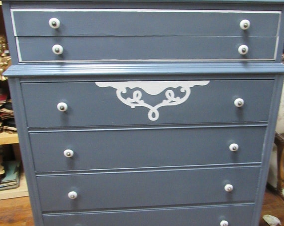 Vintage tall dresser painted blue and white