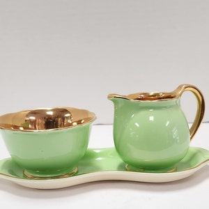Green Lustre cream and sugar with tray