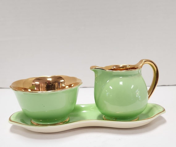 Green Lustre cream and sugar with tray