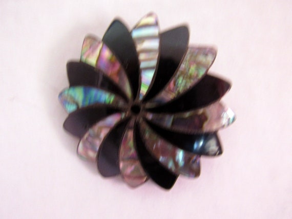 Sterling silver onyx and abalone brooch - image 1