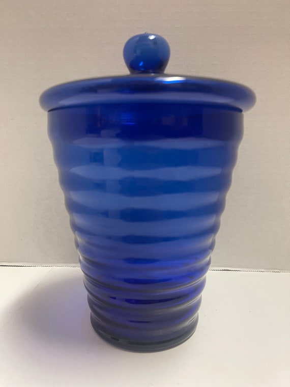 Cobalt Blue Lidded Jar with Ribbed Sides