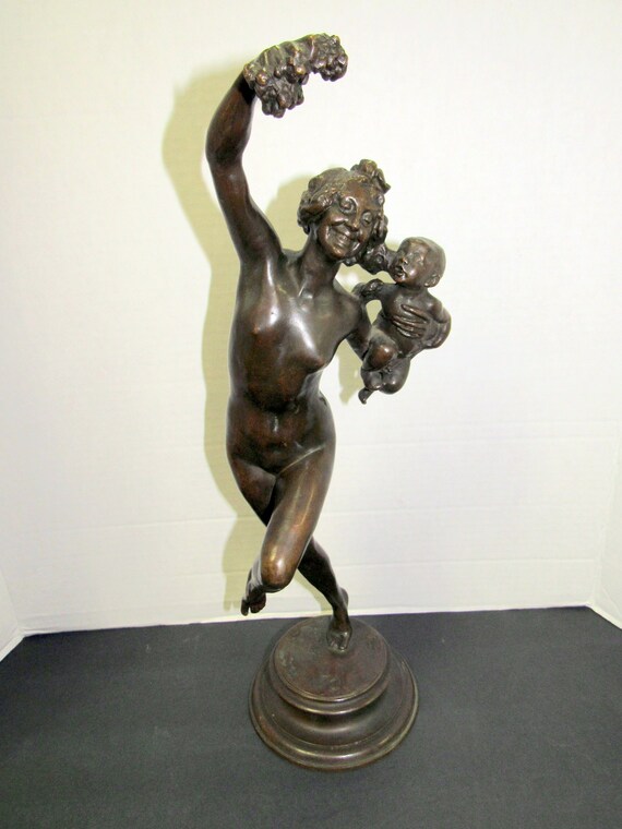 Bacchante and Infant Faun bronze sculpture