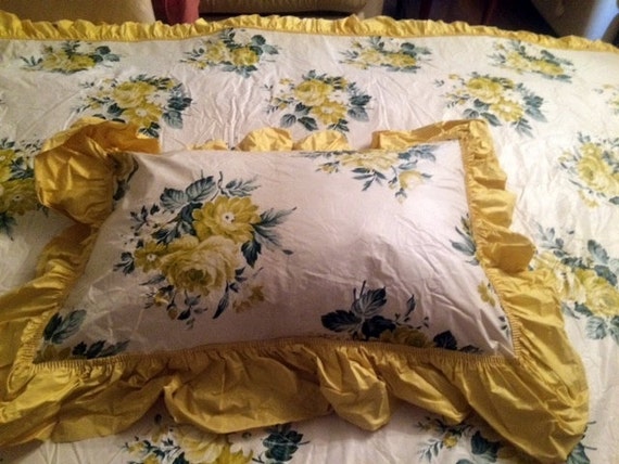 Fifties  PLASTIC bedspread yellow floral & pillow sham for double bed