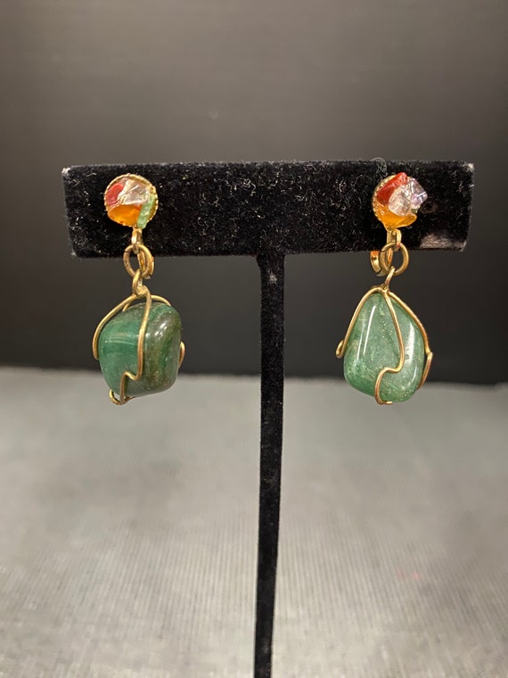 Gold Wired Green Stone Dangling Earrings