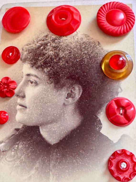 Antique button card with portrait and red buttons