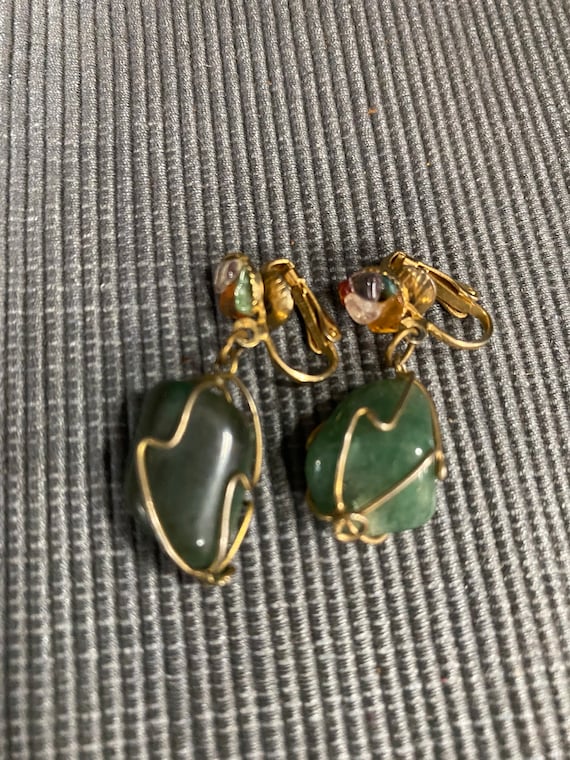 Gold Wired Green Stone Dangling Earrings - image 3