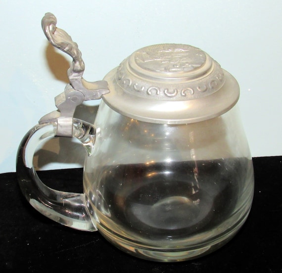 Antique Clear Glass Beer Stein with hinged pewter lid