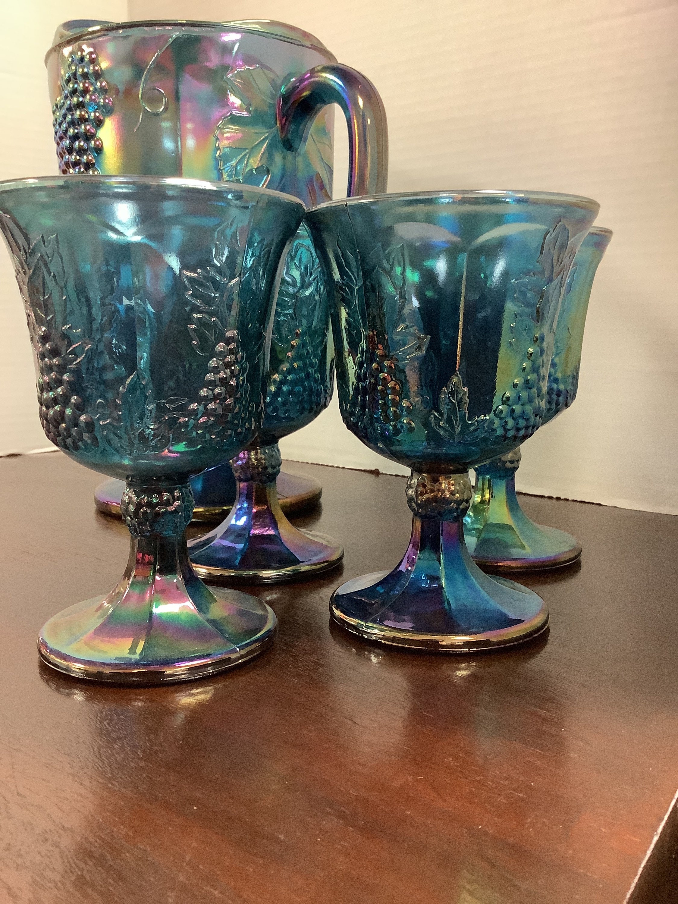 Vintage Indiana Carnival Glass Pitcher, Iridescent Blue Harvest