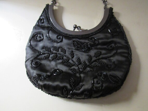 Black satin and beaded purse - image 2