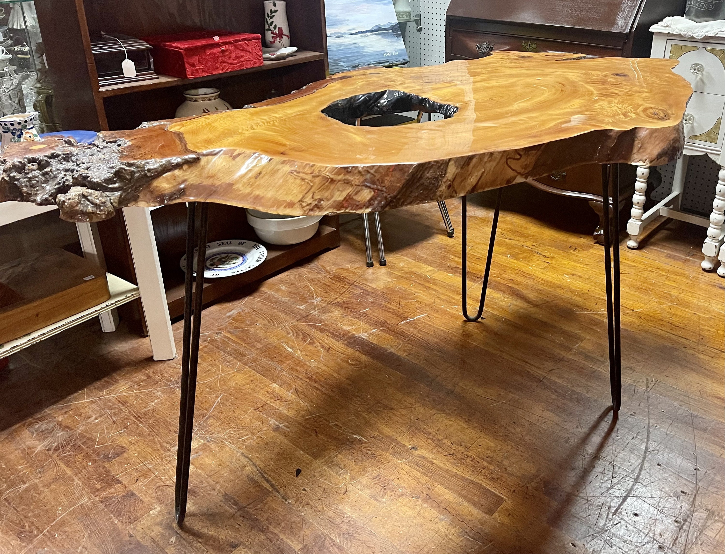 Driftwood table with hairpin legs