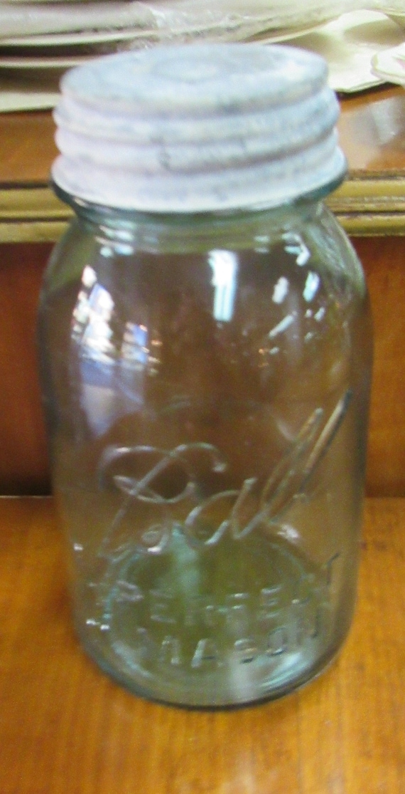 Antique blue Ball Mason jar with zinc porc. lid