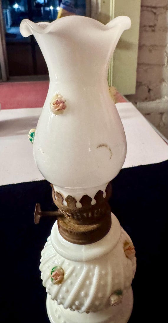 Miniature Floral Oil Lamp with milk glass shade