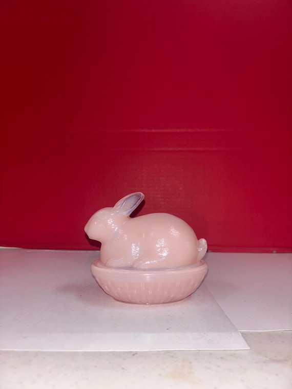 Pink Opalescent Glass Rabbit IN BASKET Candy Dish