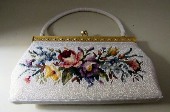 White bead and floral tapestry evening bag