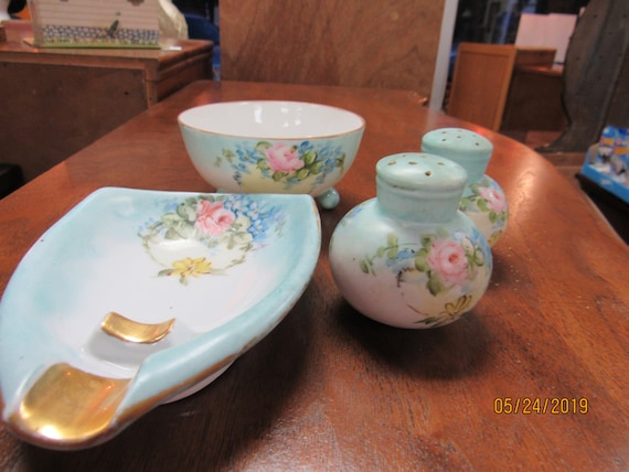 Czechoslovakia salt & pepper shakers, footed bowl and spoon rest