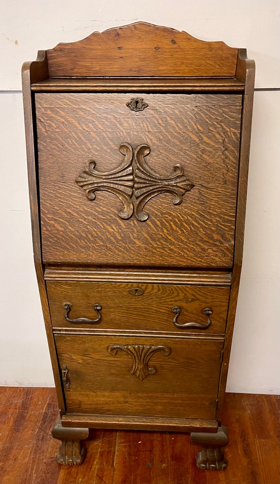 Petite Tiger Oak drop front desk