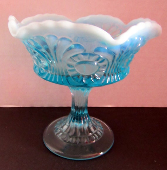 Blue footed  Fenton Opalescent Ruffle Compote