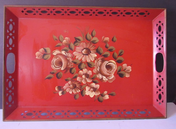 Vintage red floral metal tray