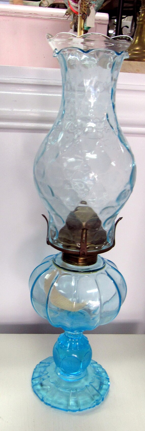 Antique blue oil lamp hurricane lamp pressed glass