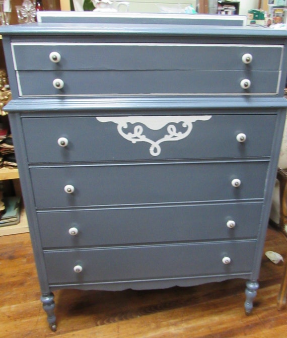 Vintage Tall Dresser Painted Blue And White Etsy