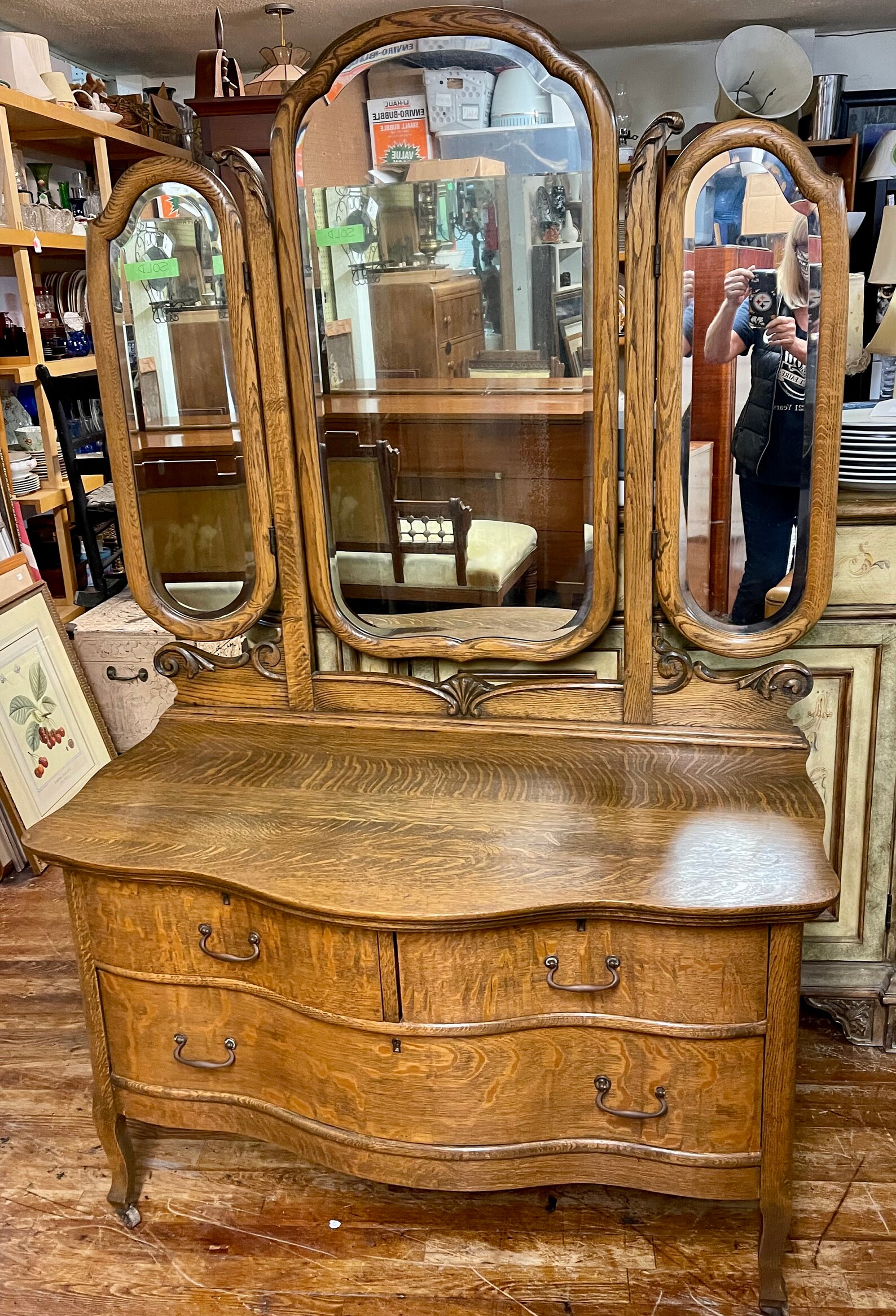 Tiger Oak Triple Mirror Dresser Etsy