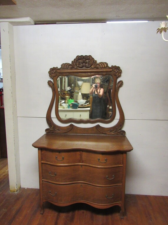 Tiger Oak Serpentine Dresser and Mirror