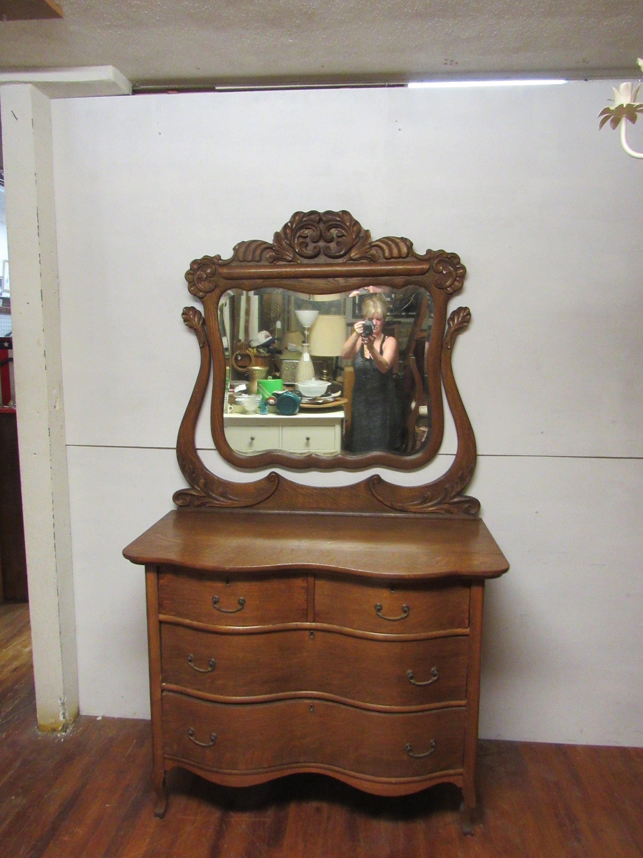 Tiger Oak Serpentine Dresser And Mirror