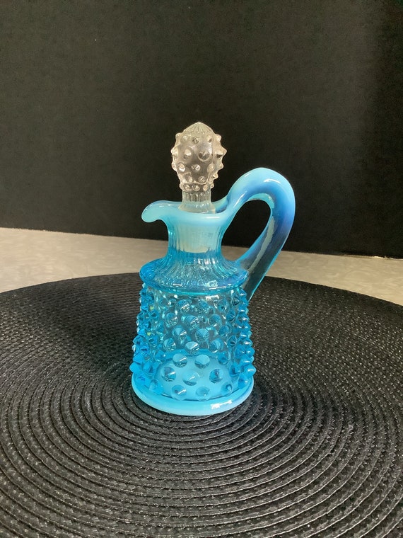Fenton Glass Aqua Blue Hobnail Oil Bottle Cruet and Stopper