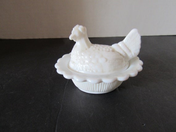 Hen in Basket miniature Milk Glass
