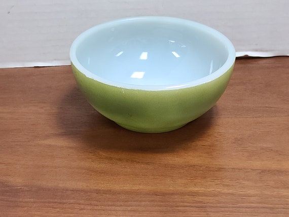 Vintage fire king olive green chili bowl