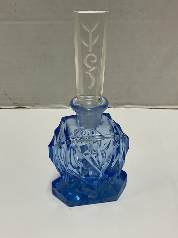 Engraved Blue Glass Perfume Bottle – 1930s Antique Vanity Item