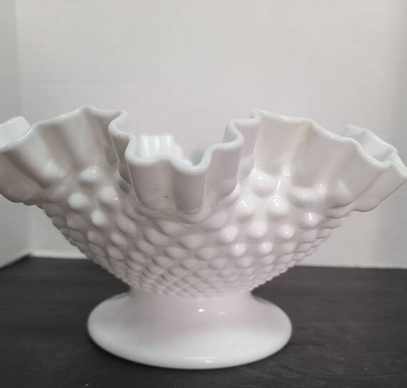 Hobnail milk glass ruffle edge bowl