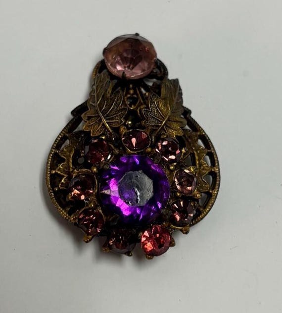 1900s Art Deco Dress Clip with Purple and Pink Rhinestones (1.5in x 1in)