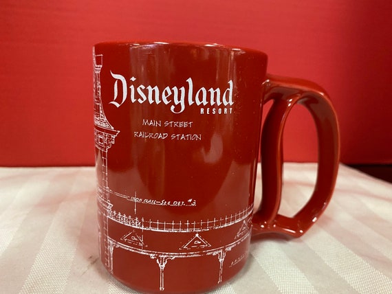 Disneyland Main Street Railroad Station Red Blueprint Mug with D Handle RARE