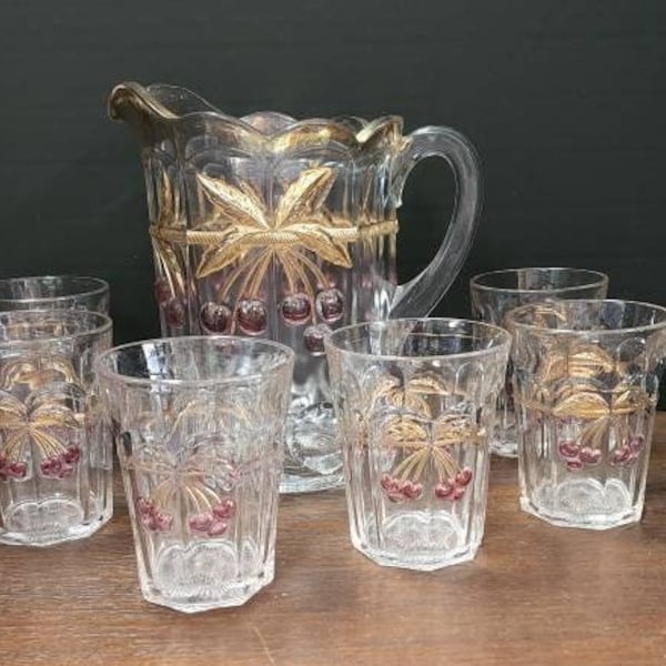 Carnival Glass Pitcher and Glasses Etsy
