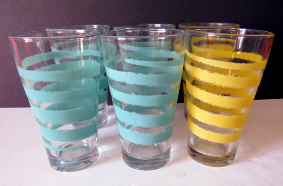 Six vintage Water Glasses turquoise and yellow