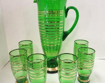 Green Glass Pitcher & Cup Set