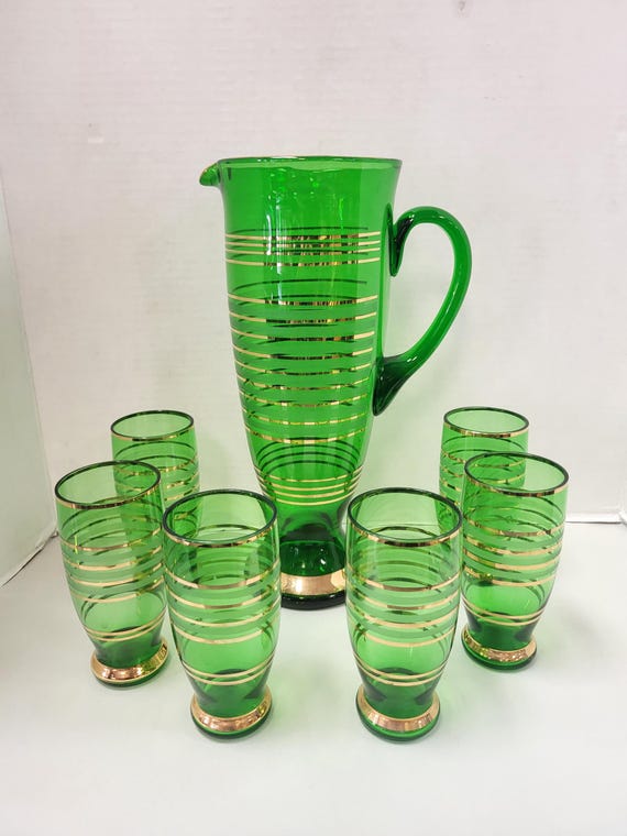 Green Glass Pitcher & Cup Set