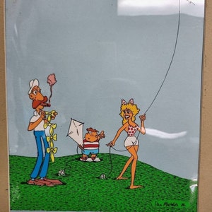 May include: A cartoon illustration of three people on a green grassy hill. A man with a mustache and a hat is holding a string of bows. A woman with a red polka dot swimsuit is holding a kite string. A child with a red and white striped shirt is holding a kite. The text "IS'NT IT AMAZING WHAT A GOOD PIECE OF TAIL WILL DO?" is at the bottom of the image.