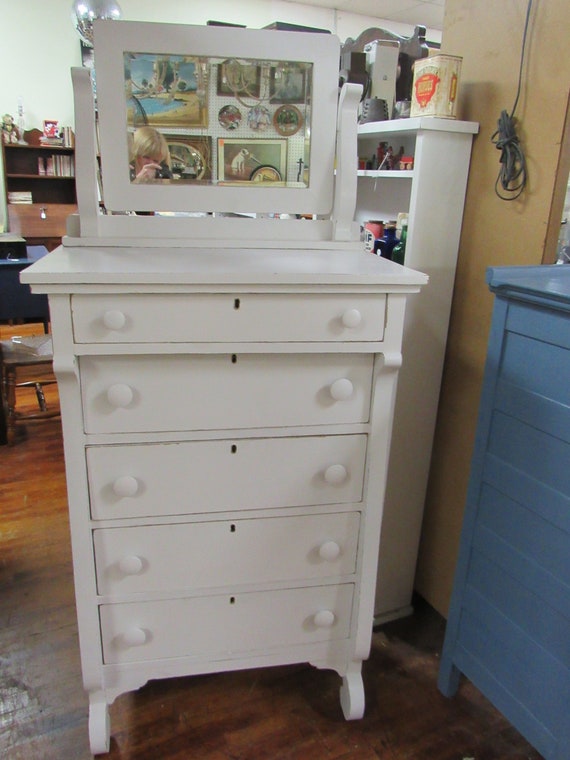 Antique white tall dresser with mirror