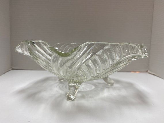 Vintage Anchor Hocking 3 Footed Clear With Swirl Glass Bowl