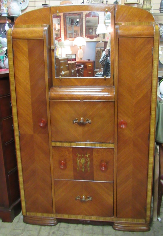 Art Deco Waterfall Secretary Armoire Dresser