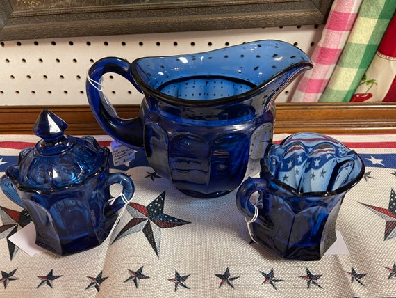 Cobalt blue pitcher, sugar & creamer