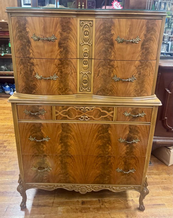 Burl Mahogany French Provincial Highboy Dresser – Paw Feet, Glass Top