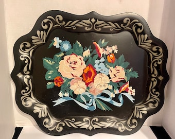 Ancien Plateau En Fer Noir – Décor Fleurs Peintes à La Main – Vintage Déco