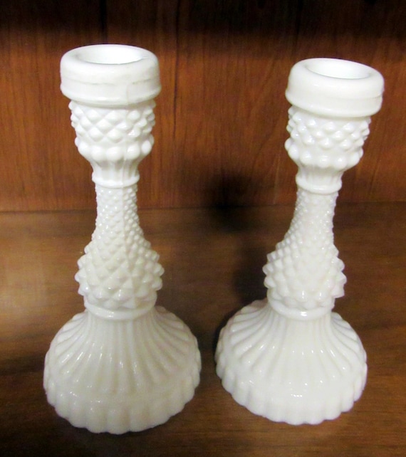 Candle holders hobnail milk glass