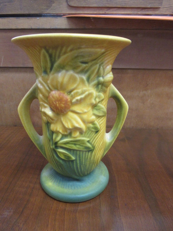 Roseville yellow Peony vase